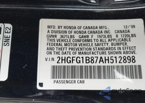 2010 Honda Civic Ex from USA, damaged, VIN 2HGFG1B87AH512898